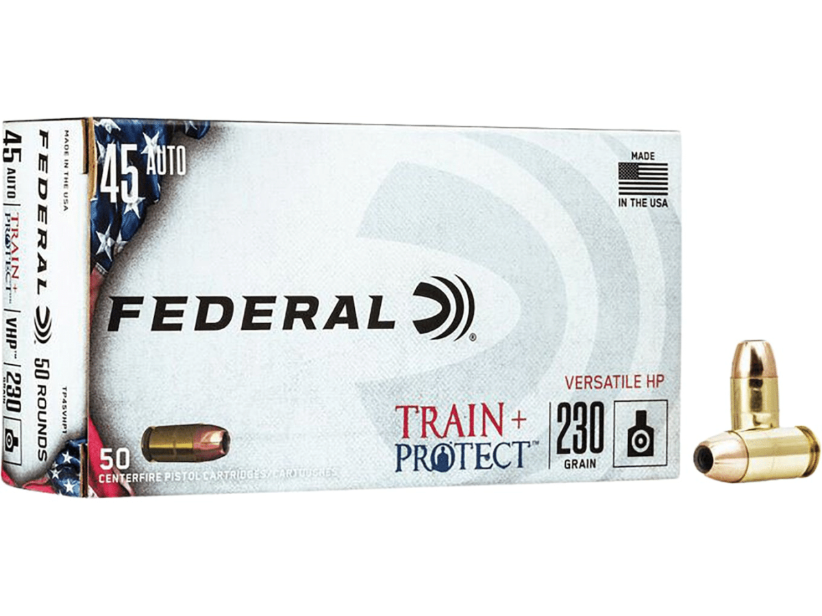 Federal Train + Protect Ammunition 45 ACP 230 Grain Versatile Hollow Point Box of 50