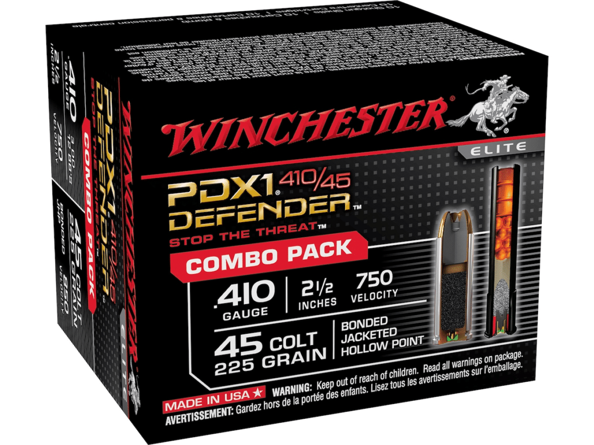 Winchester Defender Ammunition Combo Pack 45 Colt (Long Colt) 225 Grain Bonded Jacketed Hollow Point and 410 Bore 2-1/2" 3 Disks over 1/4 oz BB Box of 20 (10 Rounds of Each)